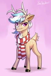 Size: 2000x3000 | Tagged: safe, artist:jedayskayvoker, derpibooru import, oc, oc:karolin, deer, clothes, deer oc, gradient background, hooves, looking at you, male, rule 63, scarf, sketch