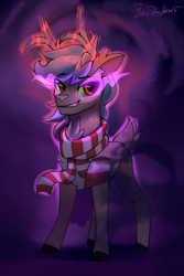 Size: 2000x3000 | Tagged: safe, artist:jedayskayvoker, derpibooru import, oc, oc:karolin, deer, clothes, dark magic, deer oc, evil grin, gradient background, grin, hooves, looking at you, magic, male, rule 63, scarf, sketch, smiling, sombra eyes