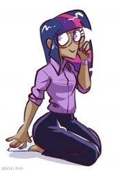 Size: 1149x1640 | Tagged: safe, artist:lrusu, derpibooru import, twilight sparkle, human, glasses, humanized, looking at you, moderate dark skin, smiling, solo