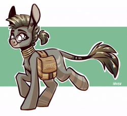 Size: 1897x1735 | Tagged: safe, artist:lrusu, derpibooru import, oc, oc only, oc:emerald strass, hybrid, mule, pony, bag, chest fluff, ear piercing, earring, glasses, jewelry, looking at you, neck rings, piercing, saddle bag, smiling, solo