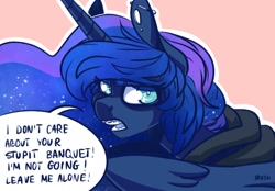 Size: 2048x1423 | Tagged: safe, artist:lrusu, derpibooru import, princess luna, alicorn, pony, braces, clothes, dialogue, ear piercing, earring, hoodie, jewelry, looking at you, looking back, misspelling, piercing, solo, younger