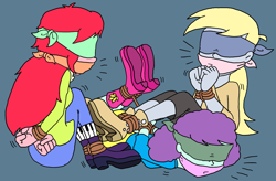 Size: 2531x1664 | Tagged: safe, artist:bugssonicx, derpibooru import, blueberry pie, derpy hooves, raspberry fluff, equestria girls, arm behind back, blindfold, bondage, bound and gagged, bound wrists, cloth gag, gag, hogtied, rope, rope bondage, the muffins, tied up