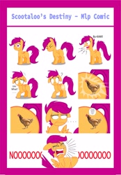 Size: 2509x3609 | Tagged: artist needed, safe, derpibooru import, scootaloo, pegasus, pony, alternate cutie mark, big no, clucking, comic, covering mouth, crying, cutie mark, ears, eyes closed, female, filly, floppy ears, looking down, open mouth, question mark, scootachicken, sweat, sweatdrop