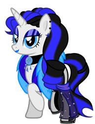 Size: 2955x3835 | Tagged: safe, artist:severity-gray, derpibooru import, oc, oc:coldlight bluestar, pony, unicorn, alternate hairstyle, bedroom eyes, choker, clothes, collar, dress, eyeshadow, feather boa, female, gala dress, high heels, jewelry, latex, latex boots, lipstick, makeup, mare, necklace, platform heels, shoes, simple background, solo, transparent background