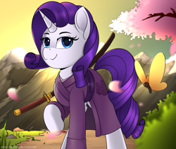 Size: 5000x4218 | Tagged: safe, artist:felixf, derpibooru import, rarity, pony, unicorn, clothes, female, filly, katana, kimono (clothing), mare, outdoors, samurai, solo, sword, weapon