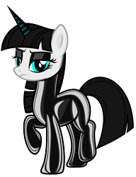 Size: 3057x3990 | Tagged: safe, alternate version, artist:severity-gray, derpibooru import, oc, oc:culpa, pony, unicorn, alternate hairstyle, eyeshadow, female, latex, latex suit, living latex, makeup, mare, sad, shiny, simple background, solo, transparent background, unamused