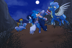 Size: 1800x1200 | Tagged: safe, artist:itstaylor-made, derpibooru import, fire streak, fleetfoot, high winds, misty fly, silver lining, silver zoom, soarin', spitfire, pegasus, fanfic:break the walls down, canyon, crossover, fight, moon, night, sonic the hedgehog, sonic the hedgehog (series), wonderbolts