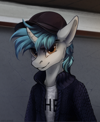 Size: 2759x3385 | Tagged: safe, artist:mithriss, derpibooru import, oc, oc only, anthro, unicorn, baseball cap, cap, clothes, hat, high res, horn, jacket, looking at you, male, shirt, smiling, smirk, solo