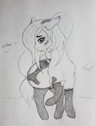 Size: 2199x2932 | Tagged: safe, alternate version, artist:teardrop, derpibooru import, edit, oc, oc only, oc:tetra, earth pony, pony, adorasexy, blushing, butt, clothes, cute, dialogue, ears, female, floppy ears, hair tie, large butt, long mane, long tail, looking at you, mare, monochrome, paint (horse breed), ponytail, sexy, shy, socks, solo, spots, thigh highs, timid, traditional art, worried