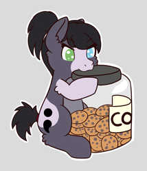 Size: 2145x2505 | Tagged: safe, artist:backgroundpony#f352, derpibooru import, oc, oc only, oc:eden, earth pony, commission, cookie, female, food, gray background, jar, simple background, solo, ych result