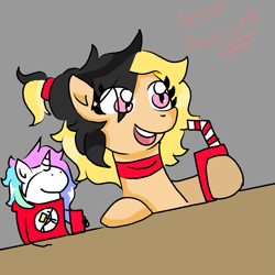 Size: 2173x2173 | Tagged: safe, artist:juanluuis8, derpibooru import, oc, oc:capitali-chanin, pony, anti-communism, background, clothes, collar, desk, florkofcows, jacket, smiling, soda