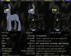 Size: 3672x2893 | Tagged: safe, artist:syntiset, oc, oc only, oc:syntiset, pony, unicorn, ankle boots, anti fragmentation glasses, armor, bags, balaclava, belt, blood type, boots, camouflage, clothes, escape from tarkov, eye clipping through hair, glasses, goggles, happy, headphones, helmet, horn, looking at you, male, medical bag, medicine, microphone, military, military uniform, pants, patch, plate carrier, pony oc, radio, reference, reference sheet, shoes, simple background, sketch, smiling, smirk, solo, tourniquet, unicorn oc, uniform