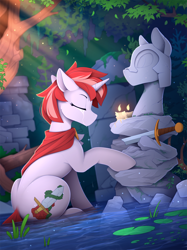 Size: 1820x2438 | Tagged: safe, artist:yakovlev-vad, oc, oc only, pony, unicorn, candle, clothes, crepuscular rays, cute, cutie mark, eyes closed, patreon, patreon reward, pond, ruins, shrine, solo, sword, water, weapon