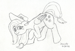 Size: 875x596 | Tagged: safe, artist:hericks, applejack, fluttershy, oc, oc only, pegasus, pony, doodle, freckles, fusion, looking at you, one hoof raised