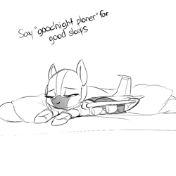 Size: 1000x1000 | Tagged: safe, artist:andromailus, oc, oc only, original species, plane pony, pony, bed, black and white, comment bait, female, grayscale, kc-135, monochrome, pillow, plane, prone, sleeping, solo, sploot, text