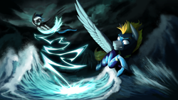 Size: 4062x2285 | Tagged: safe, artist:klarapl, derpibooru import, oc, oc only, oc:blaze (shadowbolt), oc:lady lightning strike, pegasus, pony, commission, duo, fight, flying, spread wings, water, wings