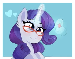 Size: 1280x1002 | Tagged: safe, artist:emera33, derpibooru import, rarity, pony, unicorn, cute, glasses, glowing horn, happy, heart, horn, levitation, magic, needle, raribetes, smiling, solo, telekinesis, thread