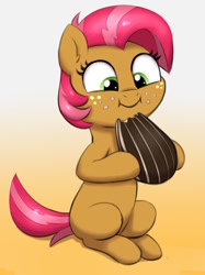 Size: 898x1200 | Tagged: safe, artist:heretichesh, derpibooru import, babs seed, earth pony, pony, adorababs, cute, eating, female, filly, food, freckles, herbivore, puffy cheeks, smiling, solo, sunflower seeds