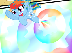 Size: 788x579 | Tagged: safe, artist:becauseimpink, derpibooru import, rainbow dash, pegasus, pony, comic:transition, the cutie mark chronicles, artist interpretation, cropped, female, filly, filly rainbow dash, flying, looking up, sky, solo, sonic rainboom, windswept mane, younger