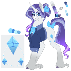 Size: 3000x3000 | Tagged: safe, artist:gingygin, derpibooru import, rarity, pony, unicorn, alternate cutie mark, alternate hairstyle, bow, clothes, female, high res, mare, older, older rarity, reference sheet, shirt, simple background, skunk stripe, solo, tail bow, white background