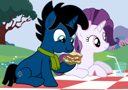 Size: 2314x1634 | Tagged: safe, artist:jadethepegasus, derpibooru import, oc, oc:theoneaj, oc:violin melody, unicorn, bow, clothes, cute, duo, food, picnic, sandwich, scarf, shipping fuel