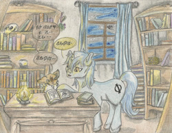 Size: 2258x1752 | Tagged: safe, artist:cindertale, derpibooru import, oc, oc only, oc:aeon of dreams, oc:cinder, deer, pony, unicorn, book, chest fluff, deer oc, dialogue, horn, indoors, male, reading, stallion, traditional art, unicorn oc