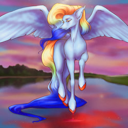 Size: 1280x1280 | Tagged: safe, artist:sumcer, derpibooru import, rainbow dash, pegasus, pony, alternate design, colored hooves, female, lake, long tail, mare, sky, solo, spread wings, wings