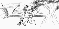 Size: 2048x1031 | Tagged: safe, artist:phoenixacezero, derpibooru import, rarity, unicorn, bonsai tree, clothes, dancing, digital art, katana, kimono (clothing), monochrome, solo, sword, weapon