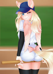 Size: 909x1280 | Tagged: safe, artist:winnigrette, derpibooru import, oc, oc only, anthro, pegasus, baseball, baseball bat, baseball cap, butt, cap, clothes, commission, digital art, hat, looking at you, one eye closed, rear view, shirt, shorts, smiling, smiling at you, sports, stockings, tail, thigh highs, thighs, wide hips, wings, ych result