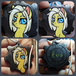 Size: 1250x1250 | Tagged: safe, artist:megabait, derpibooru import, pony, craft, fallout, falloutequestria, female, handmade, mare, solo, wood, woodenkeychain