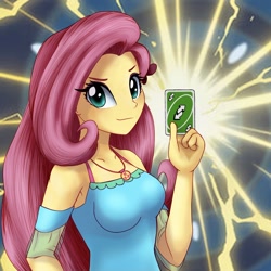 Size: 1598x1599 | Tagged: safe, artist:astevenamedwolf, derpibooru import, fluttershy, equestria girls, breasts, card, clothes, dress, hootershy, looking at you, playing card, solo, uno, uno reverse card