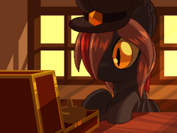 Size: 800x600 | Tagged: safe, artist:rangelost, derpibooru import, oc, oc only, oc:moonflower, bat pony, pony, bat pony oc, bust, cap, cyoa:d20 pony, evening, female, hat, indoors, mare, sitting, solo