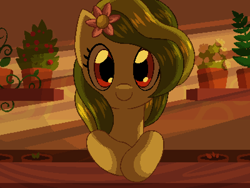 Size: 800x600 | Tagged: safe, artist:rangelost, derpibooru import, oc, oc only, pony, bust, cyoa:d20 pony, evening, female, flower, flower in hair, flower pot, indoors, looking at you, mare, shop, smiling, solo