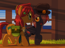 Size: 800x600 | Tagged: safe, artist:rangelost, derpibooru import, oc, oc only, oc:moonflower, oc:trailblazer, bat pony, earth pony, pony, bag, bat pony oc, cap, cyoa:d20 pony, duo, evening, female, hat, looking at each other, mare, outdoors, saddle bag, talking to each other, walking