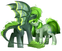 Size: 2702x2220 | Tagged: safe, artist:mediasmile666, derpibooru import, oc, oc only, earth pony, original species, pony, bat wings, duo, ears, female, floppy ears, high res, leonine tail, male, mare, nuzzling, simple background, stallion, transparent background, wings