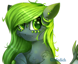 Size: 2696x2225 | Tagged: safe, artist:mediasmile666, derpibooru import, oc, oc only, pony, bat wings, bust, ear piercing, female, high res, mare, piercing, smiling, solo, wings