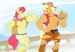 Size: 5340x3720 | Tagged: safe, artist:ponyanony, derpibooru import, apple bloom, applebuck, applejack, applejack (male), anthro, earth pony, comic:that hard cider feeling, abs, absurd resolution, biceps, clothes, flexing, grin, male, muscles, muscular male, overdeveloped muscles, partial nudity, pecs, rule 63, smiling, topless, torn clothes, wardrobe malfunction