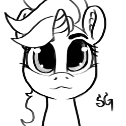 Size: 2048x2048 | Tagged: safe, artist:sunlightgryphon, derpibooru import, oc, oc:emerald whiplash, unicorn, looking at you, monochrome, simple background, smiling, smiling at you