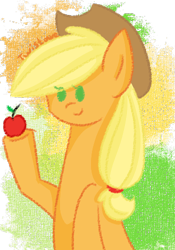 Size: 350x500 | Tagged: safe, artist:twistare, derpibooru import, applejack, earth pony, pony, abstract background, apple, dot eyes, female, food, mare, solo