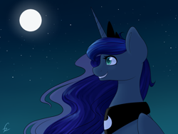 Size: 1600x1200 | Tagged: safe, artist:twistare, derpibooru import, princess luna, alicorn, pony, female, mare, moon, night, profile, smiling, solo