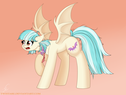 Size: 2000x1500 | Tagged: safe, artist:twistare, derpibooru import, coco pommel, bat pony, pony, bat ponified, bat wings, fangs, female, gradient background, mare, one hoof raised, race swap, solo, wings