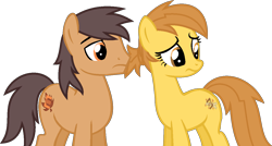 Size: 1260x677 | Tagged: safe, artist:pegasski, derpibooru import, oc, oc only, earth pony, pony, fallout equestria, base used, duo, earth pony oc, enclave, female, frown, looking back, male, mare, simple background, stallion, transparent background