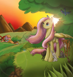 Size: 2000x2100 | Tagged: safe, artist:karneliankallie, derpibooru import, fluttershy, bird, cat, chipmunk, deer, pegasus, pony, rabbit, animal, fawn, female, grass, lens flare, mare, mountain, on head, scenery, sunset, tree, windmill, windswept mane