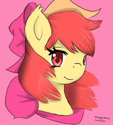 Size: 767x851 | Tagged: safe, artist:candycanetiger, artist:karneliankallie, derpibooru import, apple bloom, earth pony, pony, collaboration, bust, female, mare, pink background, simple background, solo