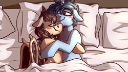 Size: 3555x2000 | Tagged: safe, artist:lrusu, derpibooru import, oc, oc only, oc:slumber tea, oc:tesseract, bat pony, pony, unicorn, bat pony oc, bed, commission, couple, cuddling, cuddling in bed, cute, pillow, slumberact