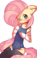 Size: 431x676 | Tagged: safe, artist:cyzarinefredek, derpibooru import, fluttershy, anthro, pegasus, pony, 2016, anthrofied, arm warmers, bandage, bipedal, blushing, breasts, clothes, digital art, evening gloves, female, gloves, long gloves, looking at you, one eye closed, one-piece swimsuit, pink mane, pink tail, simple background, sitting, socks, solo, solo female, swimsuit, teal eyes, thigh highs, topwear, white background, wings, wink