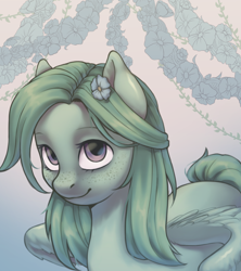Size: 1154x1300 | Tagged: safe, artist:gabrilis, derpibooru import, oc, oc only, pegasus, pony, cute, female, flower, flower in hair, freckles, looking at you, mare, smiling, solo