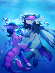 Size: 1280x1704 | Tagged: safe, artist:teapupppy, derpibooru import, oc, oc only, fish, original species, pegasus, pony, shark, shark pony, blue mane, blushing, bubble, commission, crepuscular rays, female, fish tail, lesbian, looking at each other, ocean, purple eyes, shipping, smiling, solo, sunlight, tail, teeth, touching hooves, underwater, water, wings