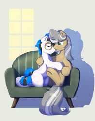 Size: 1450x1845 | Tagged: safe, artist:drafthoof, derpibooru import, oc, oc only, earth pony, pony, commission, couple, eyes closed, glasses, shipping, sitting, smiling, sofa