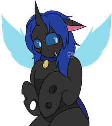 Size: 882x990 | Tagged: safe, artist:emmettart, derpibooru import, oc, oc only, oc:swift dawn, changeling, pony, bipedal, blue changeling, blue eyes, blushing, changeling oc, collar, commission, eyebrows visible through hair, fangs, horn, male, pet collar, pet play, pet tag, shy, signature, simple background, transparent background, wings, ych result